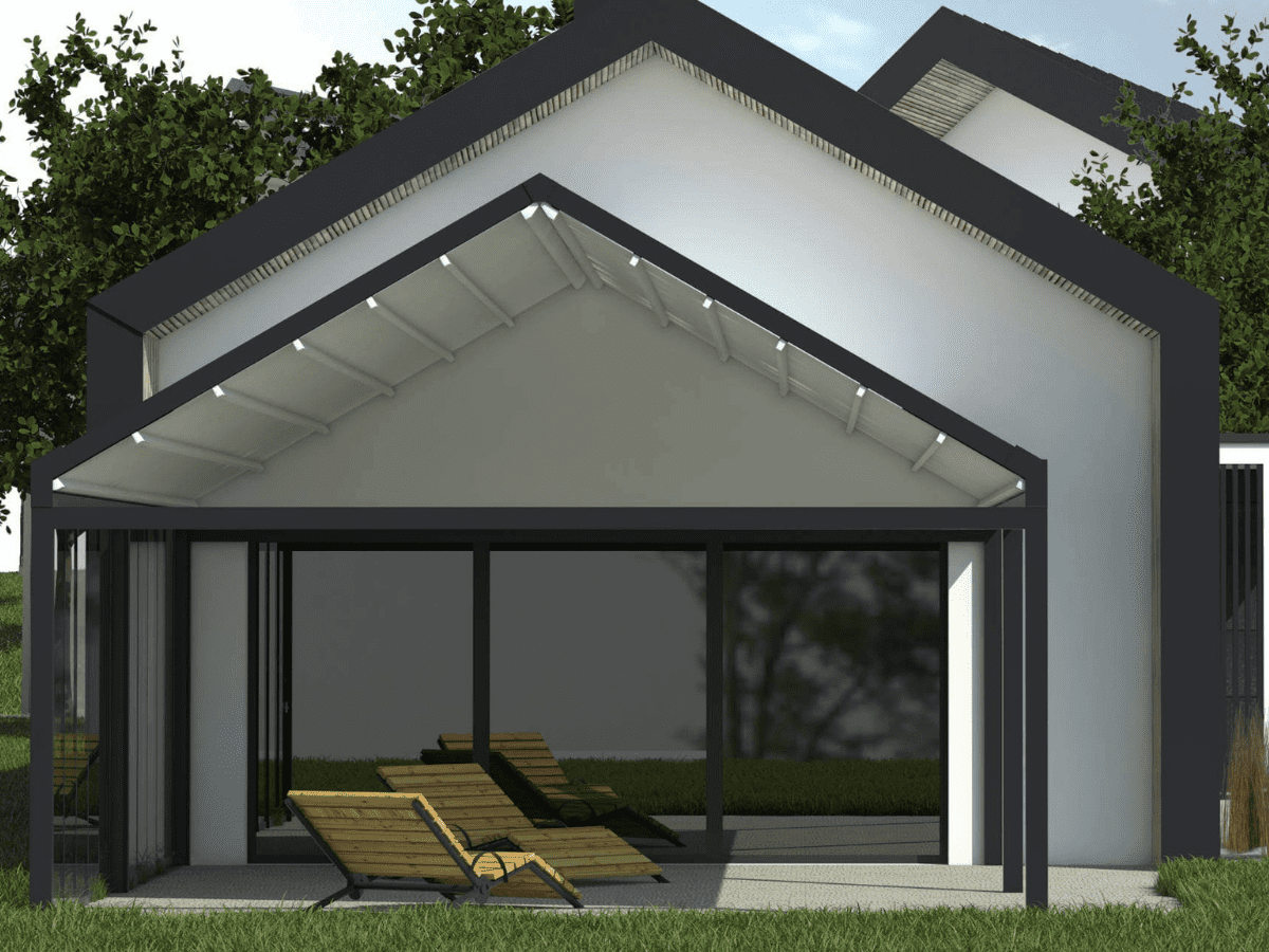 Tarasola Loft pergola with retractable fabric gable roof and LED lighting