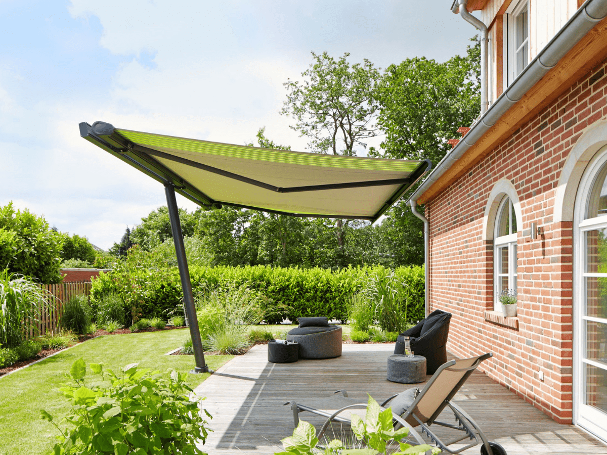markilux planet freestanding awning, shading a patio and not attached to house