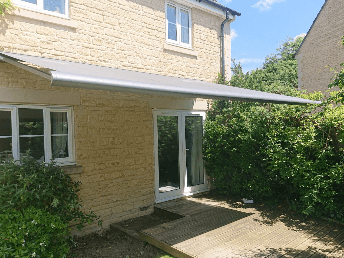 Weinor Cassita ll full cassette awning completely retracted and fitted flush to stone wall