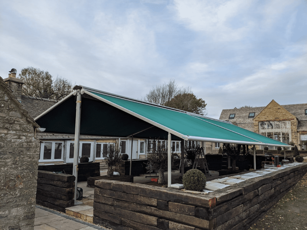 markilux pergola fitted at a farmshop in Cheltenham, fully retractable awnings with remote control