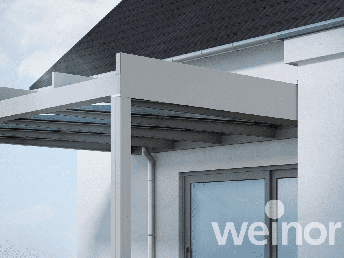 weinor Pure glass roof aluminium pergola, close up of internal drainage posts