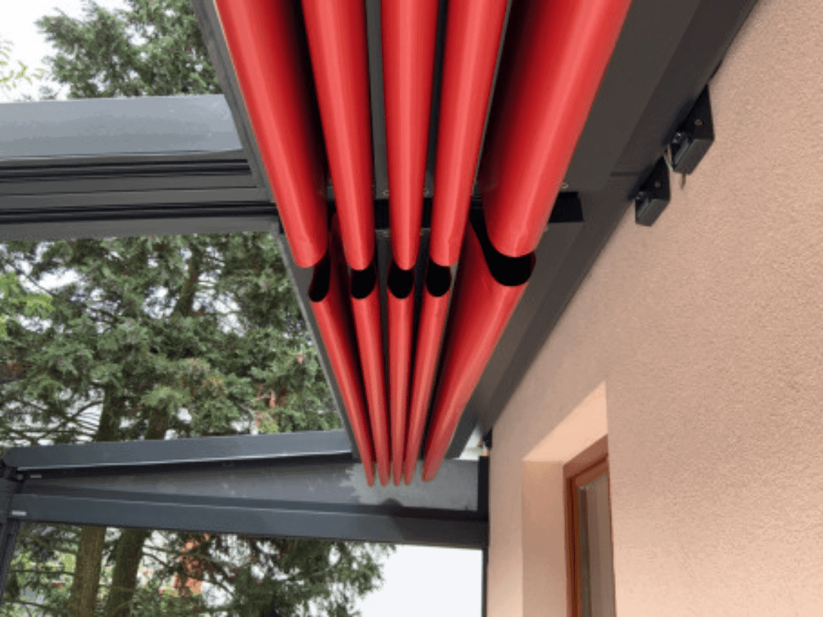 markilux stretch red fabric awning retracted in and folded