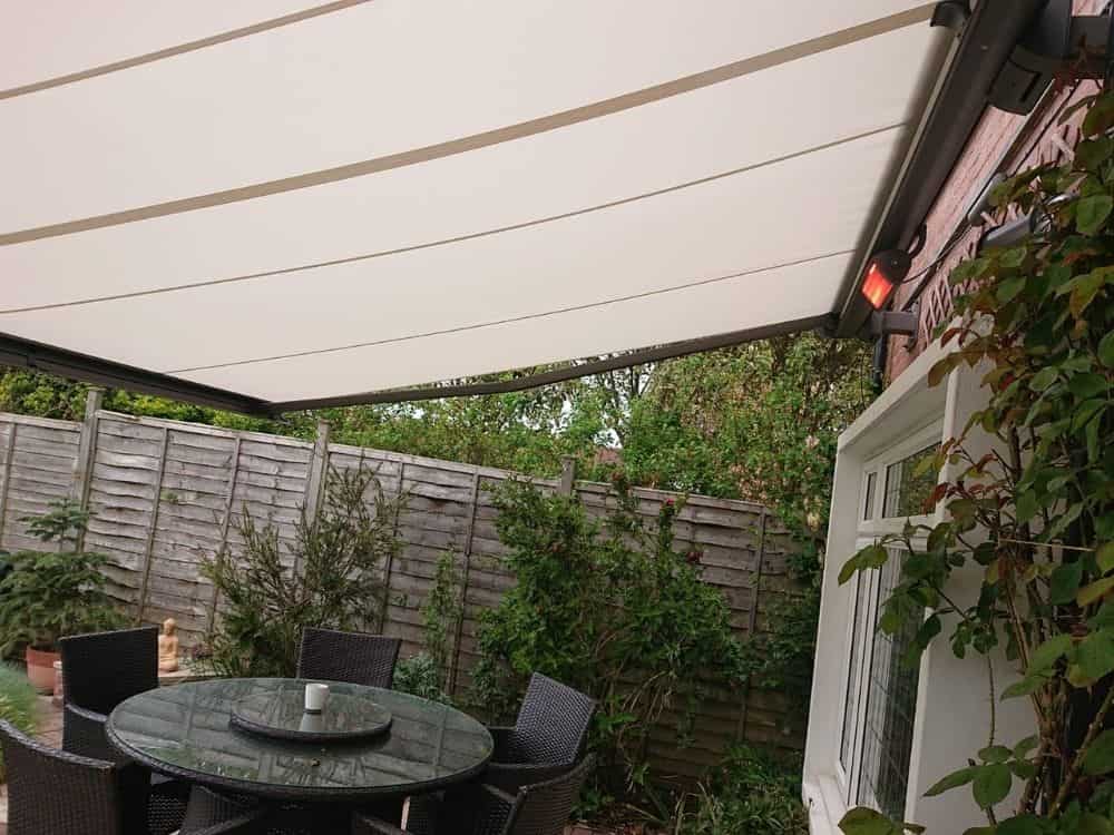 awning with electricity so it can be remote controlled and the infrared heating works