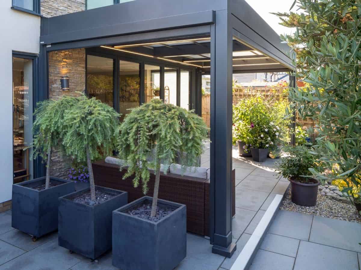 grey markilux markant pergola with retractable fabric roof