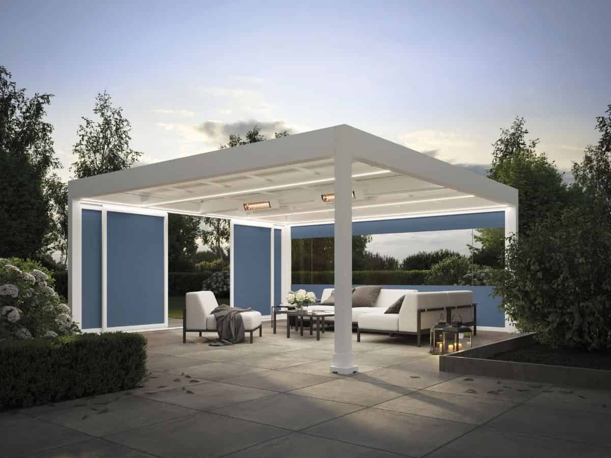markilux markant pergola awning system with a white surround, cream roof and infrared heaters
