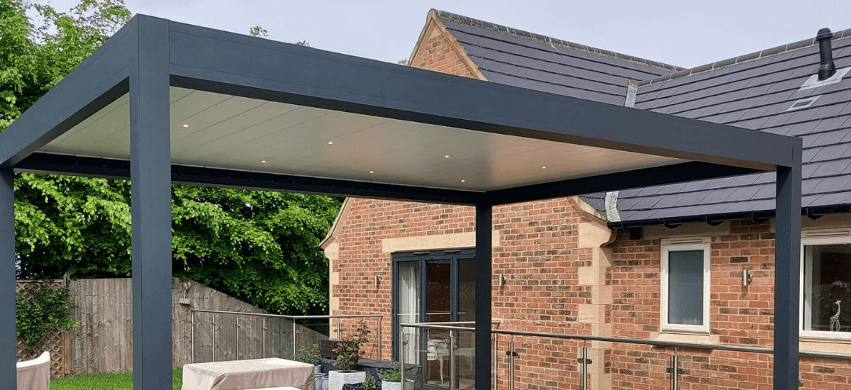 Tarasola Technic with louvred roof and integrated lights, Grantham