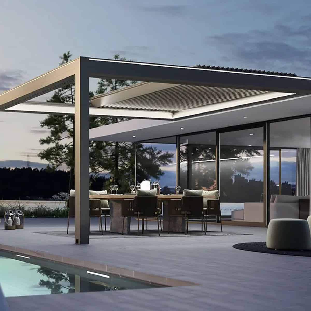 Fully retractable Skylife pergola roof by KE Outdoor Design with rotating louvres
