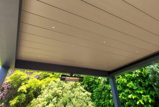 single infrared heater on a Seesky pergola with louvred roof