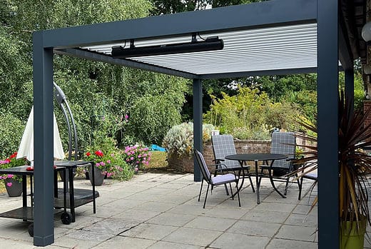 SeeSky aluminium louvred roof with rotating blades and infrared heating