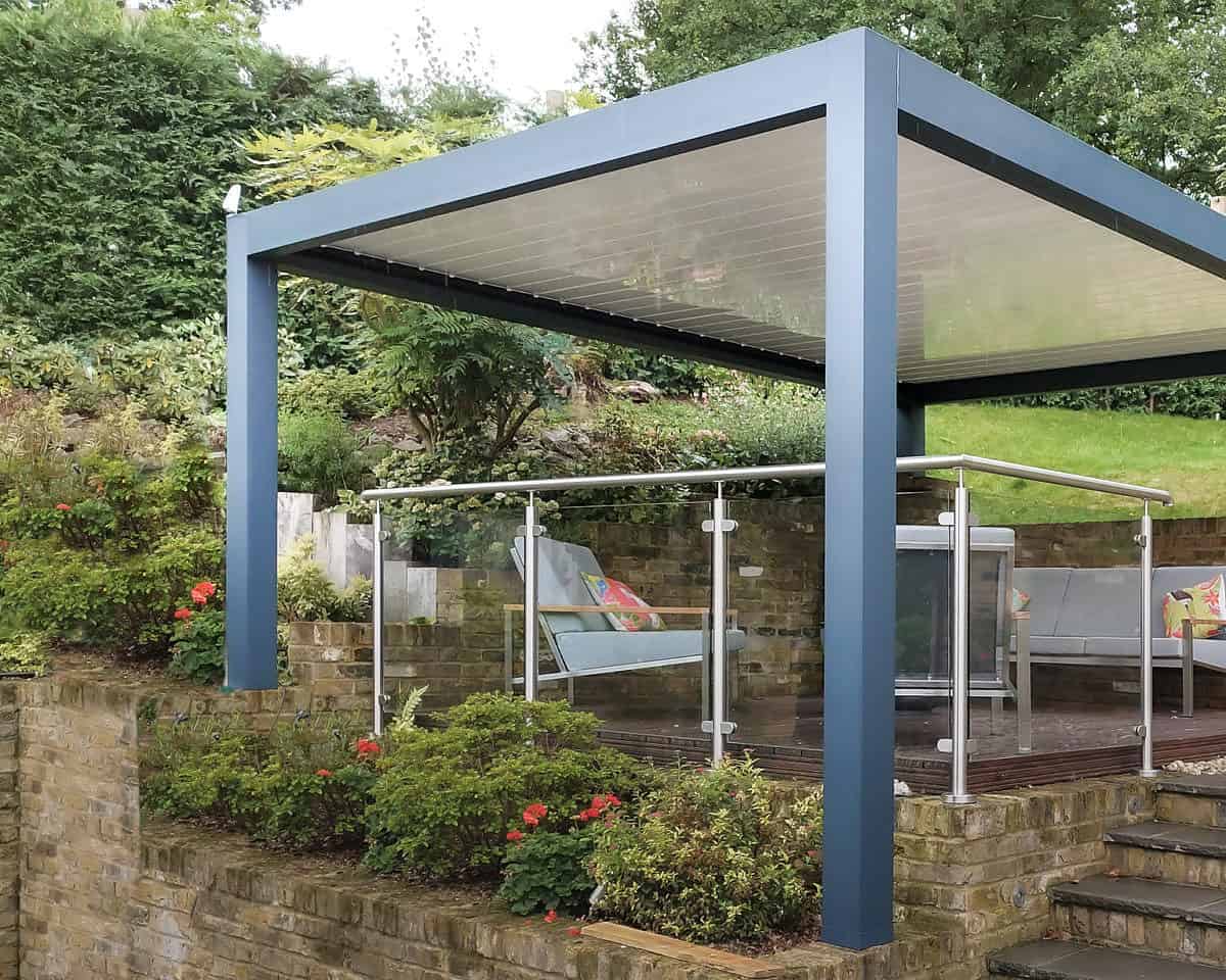 Seesky bio louvred roof pergola installed in Yorkshire, covering outdoor dining area.