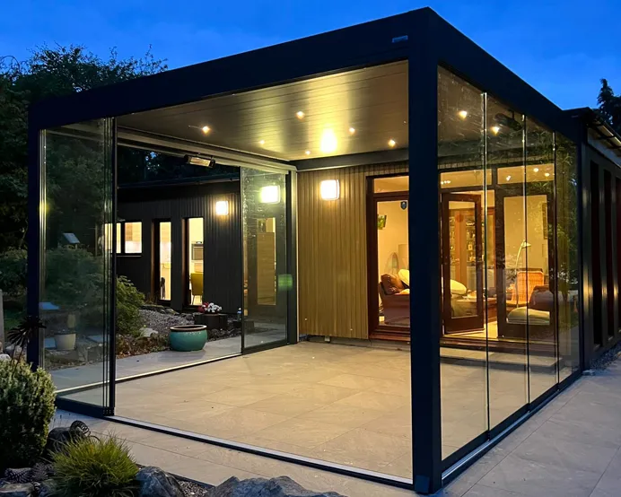 Louvred Roof Pergola with Glass Sliding Doors and LED Lighting