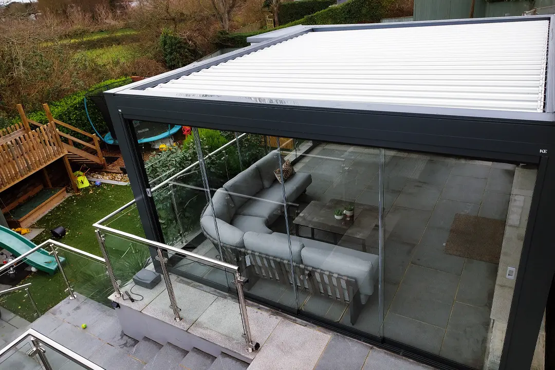 KE Outdoor Design Kedry Skylife Luxury Retracting Roof Pergola in Guernsey installation