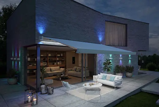 Markilux MX-4 with cool LED lighting and atmosphere open over patio area