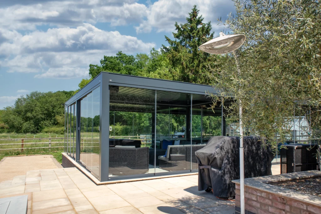 Sectionable Spaces with Glass Sliding Doors in KE Kedry Prime Louvred Roof Pergola