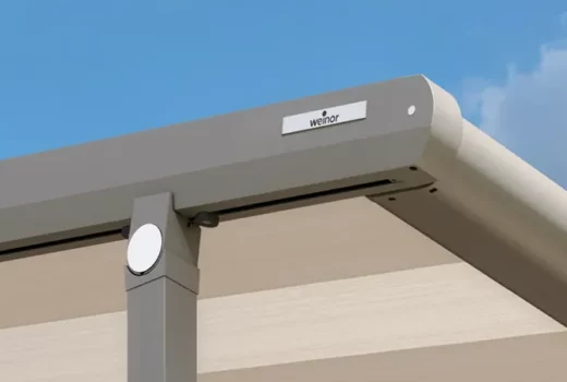 Close-Up View of Weinor Plaza Viva Awning Arms and Logo
