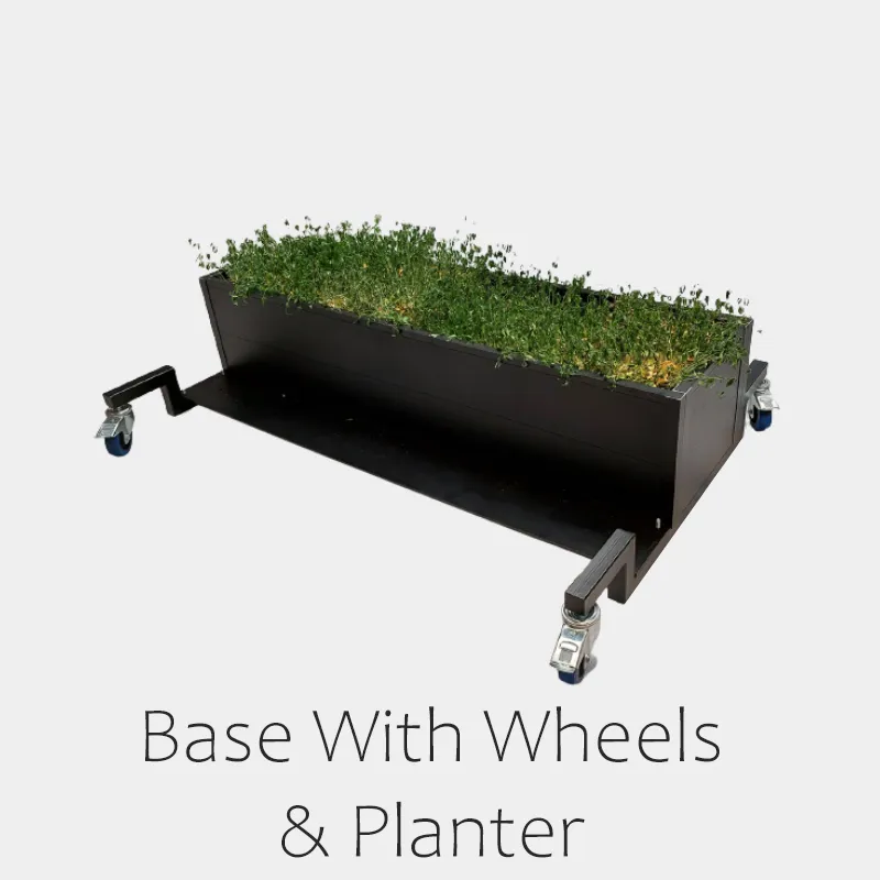 Windbreaker glass partition featuring a base with a planter and wheels.