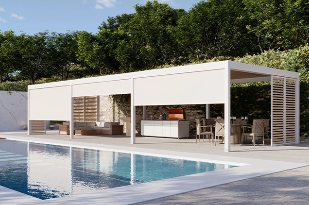 Louvred roof pergola by a swimming pool, with zip screens partially extended.