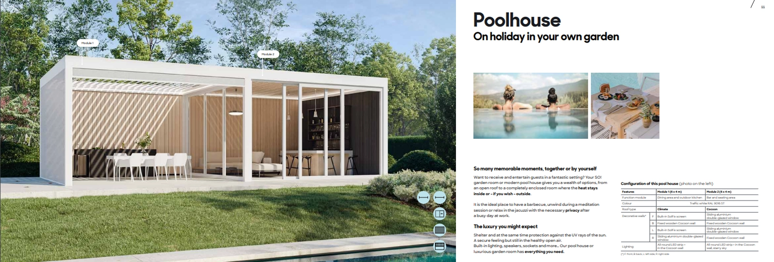 Elegant Brochure Banner showcasing a Poolhouse Glass Room System with a state-of-the-art Louvred Roof.