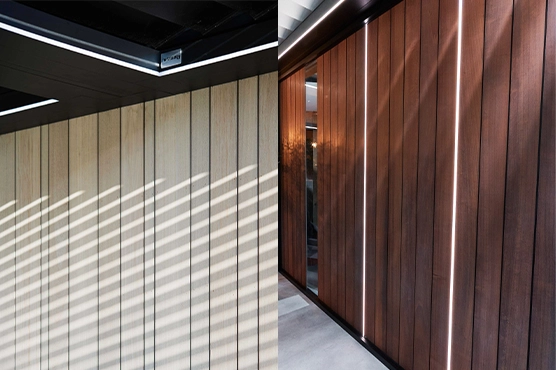 Wooden fixed walls illuminated by LED strip lighting
