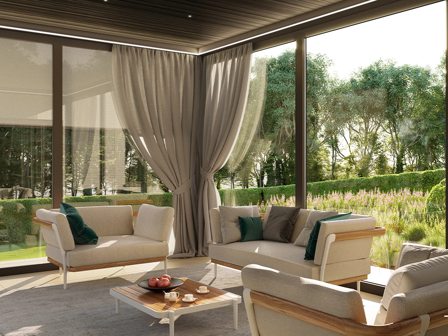 Interior view of the Louvred Roof Pergola Glass Garden Room, highlighting its expansive design and luxury features.
